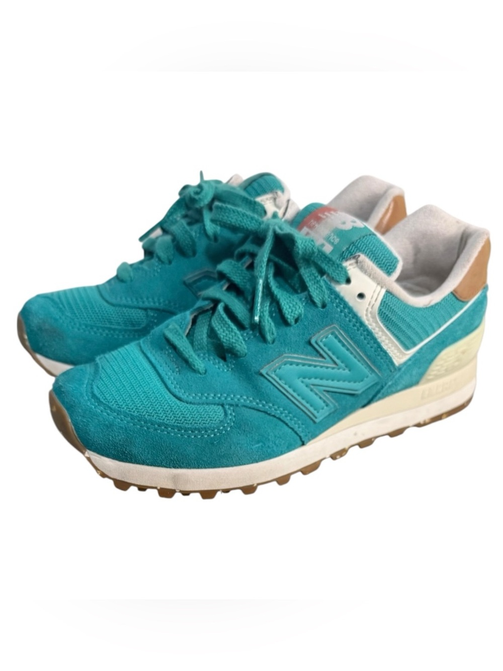 New Balance 574 WL574XEB Blue Marine Teal Tan Sneakers Womens 6.5 NWOB